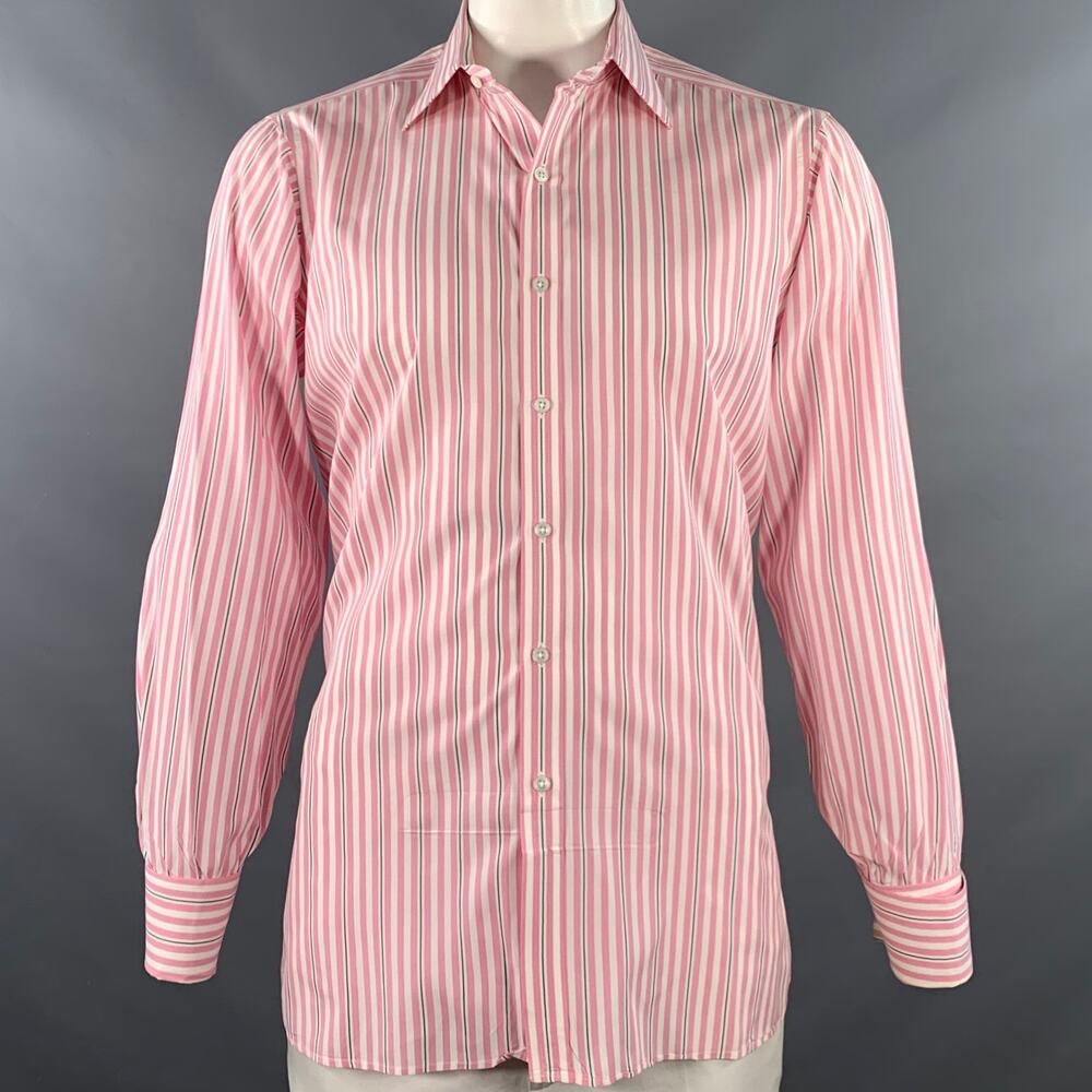 TURNBULL & ASSER L Pink White Stripe Cotton French Cuff Long Sleeve Shirt
